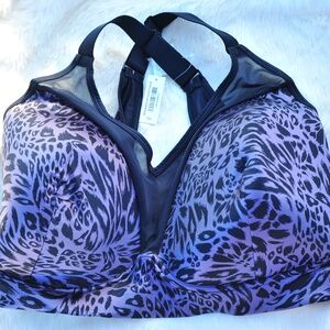 Adore Me Satin Purple Leopard Bra Plus Size 38I Full Support Mesh Cross Straps